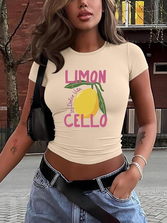 Women's Lemon Print Round Neck Crop Tee, Casual Short Sleeve Crew Neck T-shirt for Summer, Fashion Women's Top for Daily Wear