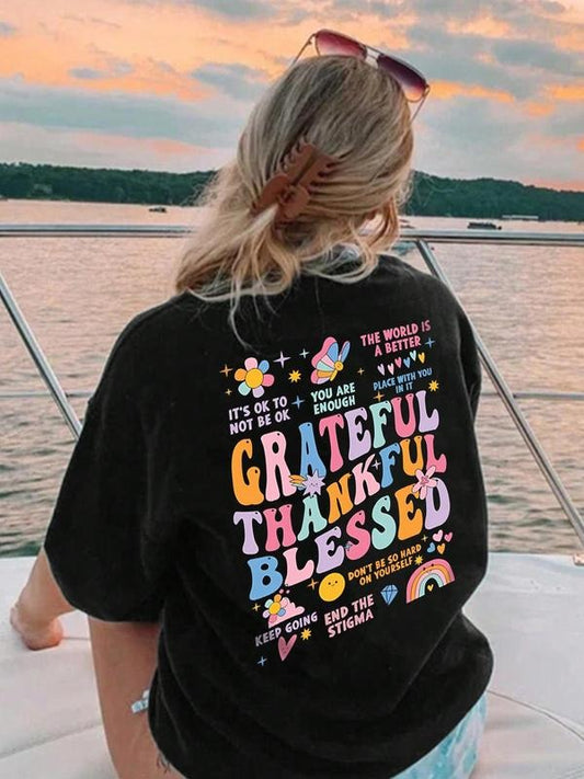 Women's Letter & Floral Print Drop Shoulder Tee, Fashion Casual Crew Neck Half Sleeve T-shirt for Daily Holiday Vacation Outdoor Wear, Ladies Clothes for All Seasons