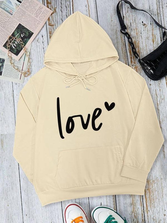Women's Letter & Heart Print Drop Shoulder Hoodie, Fashion Casual Drawstring Pocket Hooded Sweatshirt for Daily Holiday Outdoor Wear, Women Clothing for Fall & Winter