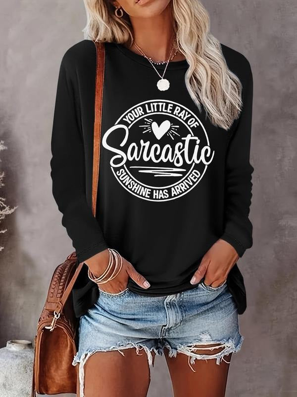 Women's Letter & Heart Print Round Neck Tee, Casual Long Sleeve Crew Neck T-shirt for Daily Wear, Ladies Clothes for All Seasons