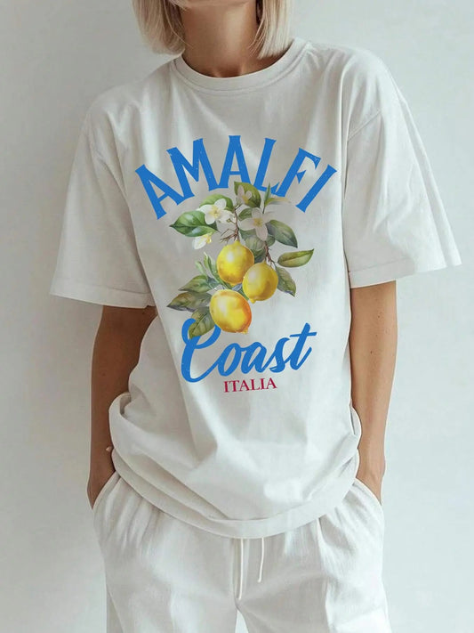 Women's Letter & Lemon Print Round Neck Tee, Casual Short Sleeve Crew Neck T-shirt for Daily Wear, Ladies Clothes for All Seasons