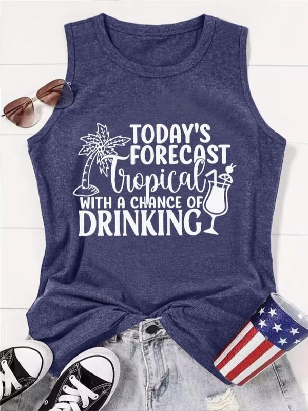 Women's Letter & Palm Tree Print Round Neck Tank Top, Casual Sleeveless Top for Daily Wear, Tropical Ladies Clothes for...