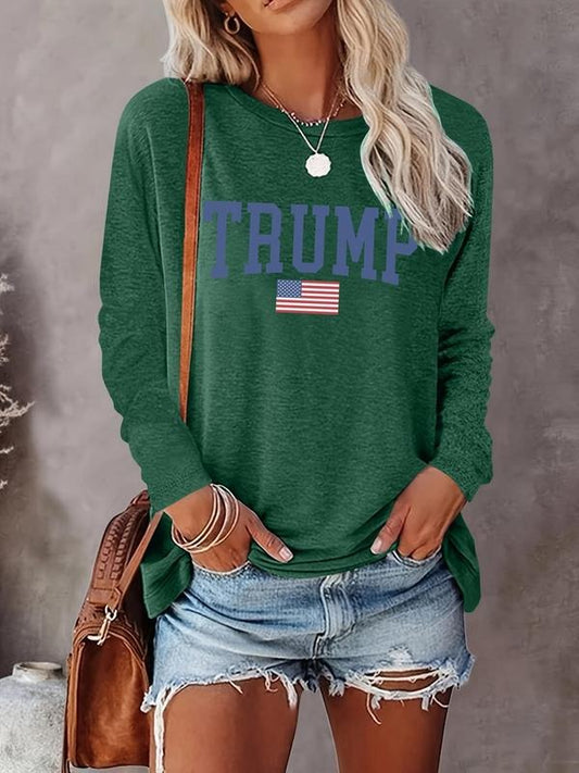 Women's Letter Flag Print Round Neck Tee, Fashion Casual Crew Neck Long Sleeve T-shirt for Daily Holiday Vacation Outdoor Wear, Ladies Clothes for All Seasons