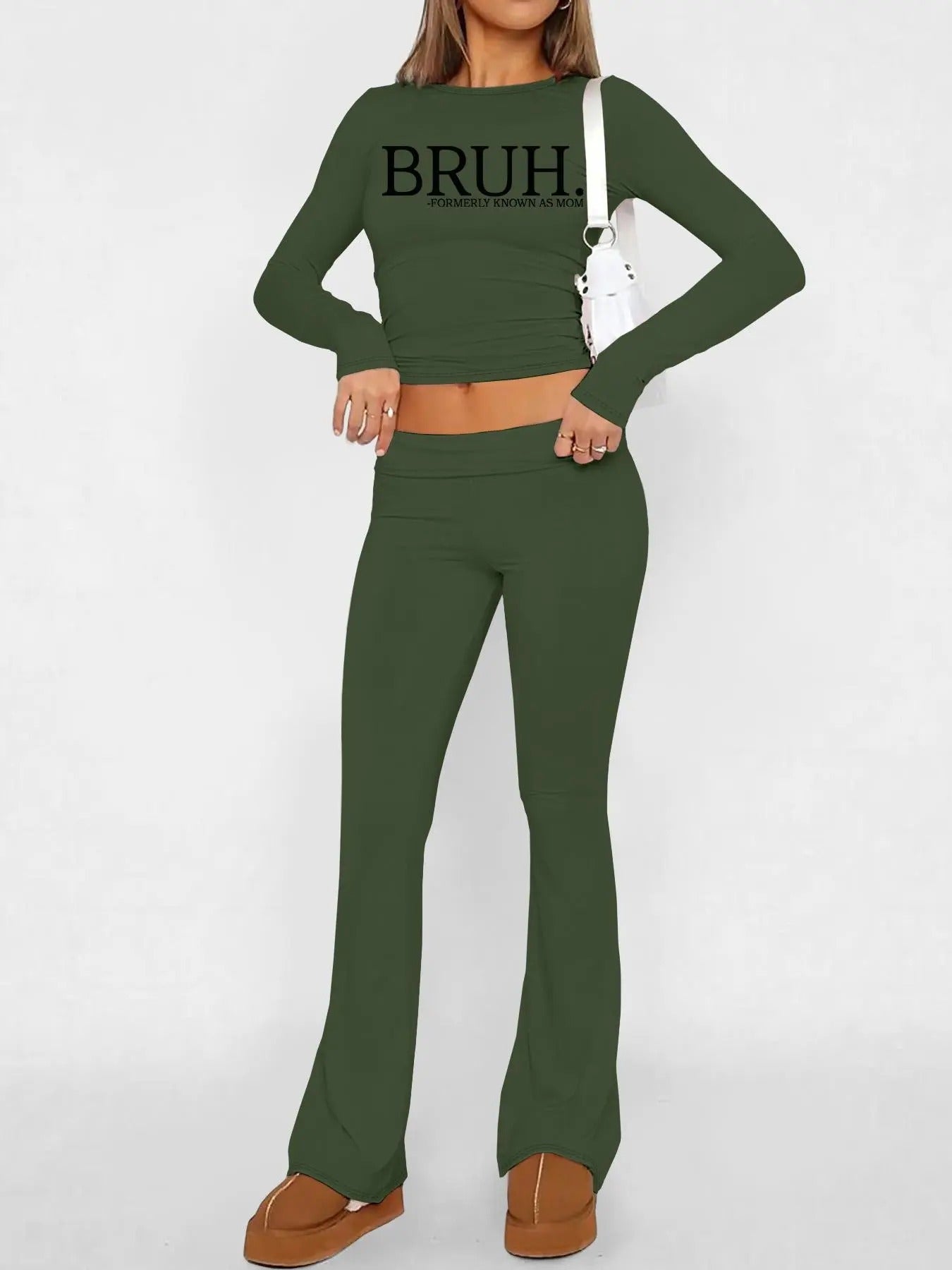 Women's Letter Print Crop Tee & Flare Leg Pants Set, Casual Fashion Cozy Two-piece Outfits for Daily Outdoor Wear, Women Clothes for Fall & Winter