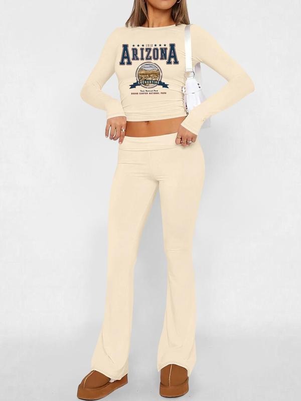Women's Letter Print Crop Tee & Flare Leg Pants Set, Casual Fashion Cozy Two-piece Outfits for Daily Outdoor Wear, Women Clothes for Fall