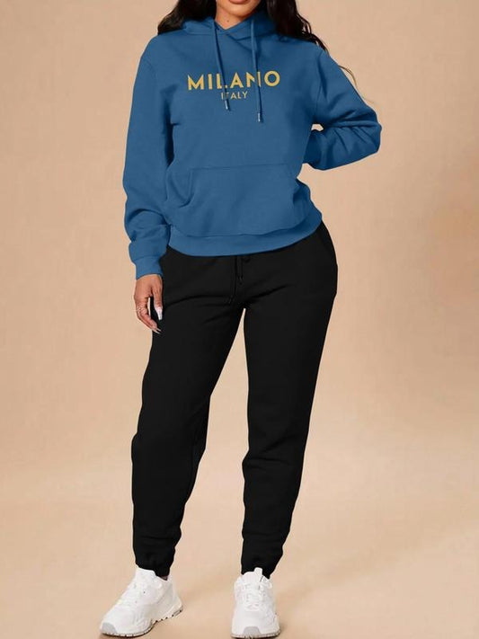 Women's Letter Print Drop Shoulder Drawstring Hoodie & Pocket Pants Two-piece Set, Casual Fashion Cozy Breathable Two Piece for Daily Outdoor Wear, Women Clothes for Fall & Winterstyle{n002}2