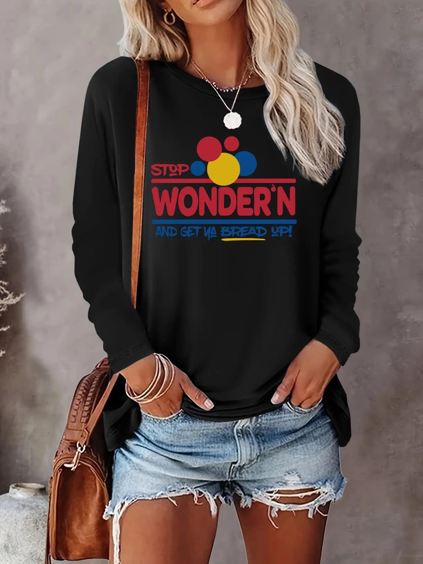 Women's Letter Print Round Neck Tee, Casual Long Sleeve Crew Neck T-shirt for Fall & Winter, Women's Top for Daily Wearstyle{n002}10