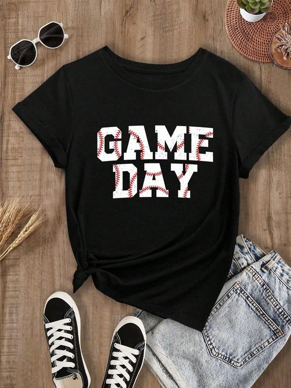 Women's Letter Print Round Neck Tee, Fashion Casual Short Sleeve T-shirt for Daily Wear, Ladies Summer Clothesstyle{n002}2