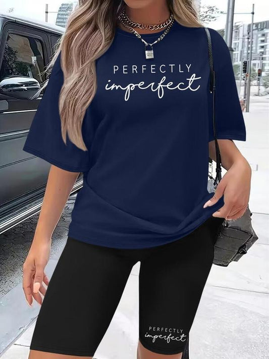 Women's Letter Print Tee & Skinny Shorts Set, Casual Short Sleeve T-shirt & Shorts, Ladies Clothes for Daily Wearstyle{n002}2