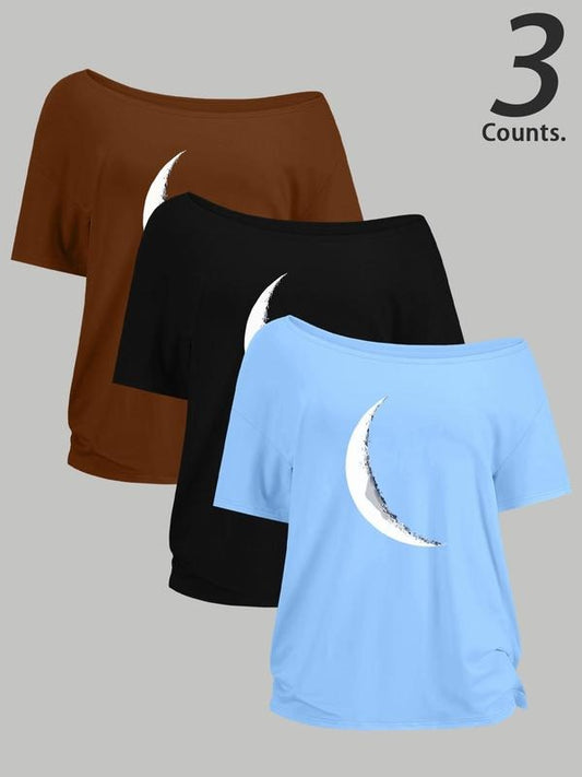 Women's Moon Print One Shoulder Tee, Casual Fashion Crew Neck Short Sleeve T-shirt for Daily Holiday Vacation Outdoor...