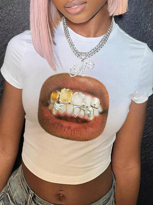 Women's Mouth Print Crop Tee, Casual Short Sleeve Round Neck T-shirt for Daily Wear, Ladies Clothes for All Seasons