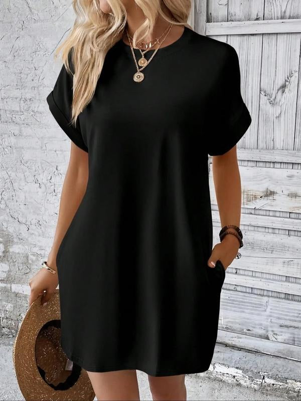 Women's Plain Pocket Batwing Sleeve Dress, Casual Short Sleeve Round Neck Dress for Daily Wear, Ladies Clothes for All Seasons