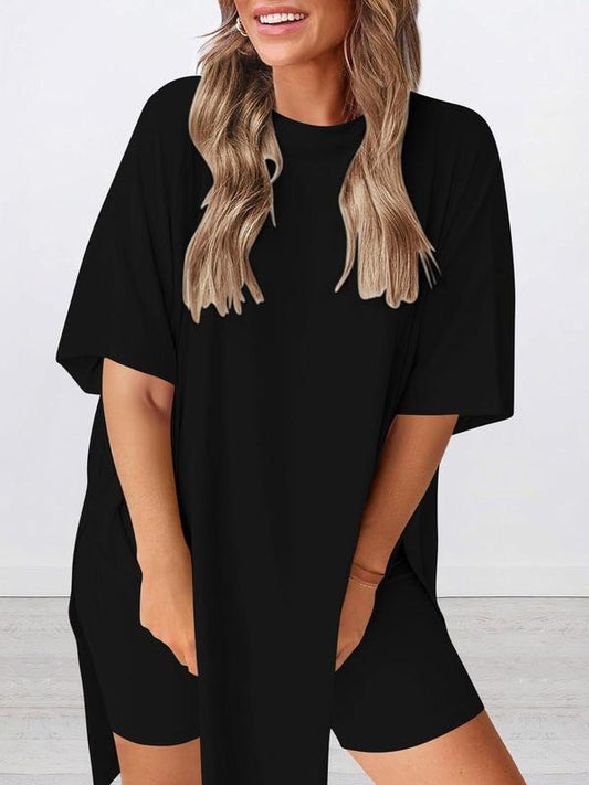 Women's Solid Color Open Front Longline Shirt & Shorts Two-Piece Set, Casual Fashion Cozy Breathable Two Piece Outfits for Daily Outdoor Wear, Ladies Clothes for Summer, Pajama