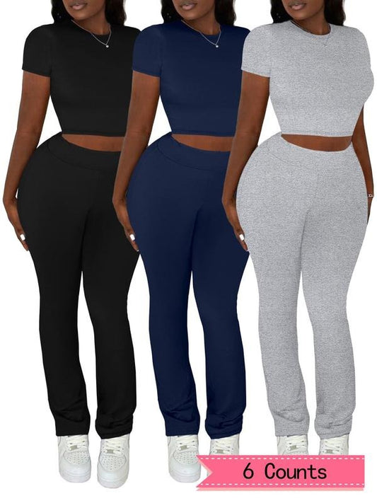Women's Solid Round Neck Crop Tee & High Waist Leggings Set, Casual Short Sleeve T-shirt & Skinny Pants for Spring & Fall, Women's Clothes for Daily Wear