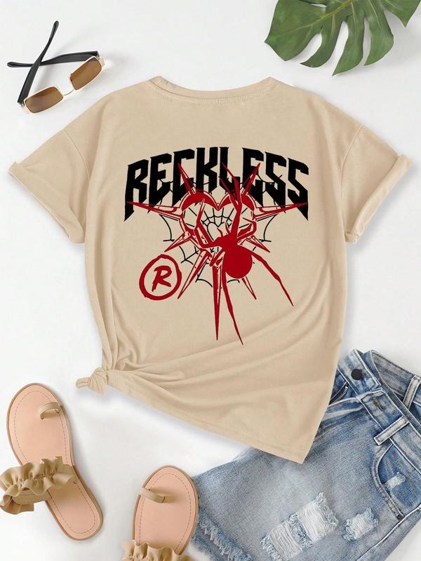 Women's Spider Web & Letter Graphic Drop Shoulder Tee, Fashion Casual Round Neck Short Sleeve T-Shirt for Daily Outdoor Wear, Ladies Clothes for All Seasons