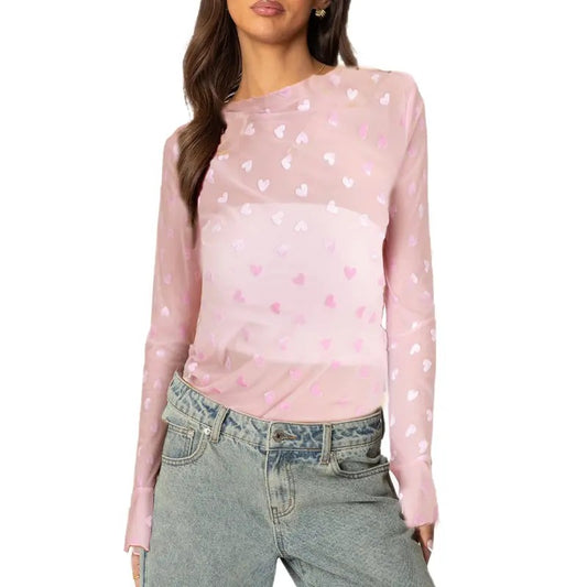 Women's Spring Summer Mesh Tops Long Sleeve Round Neck Heart Embroidery Trendy Party T-shirt