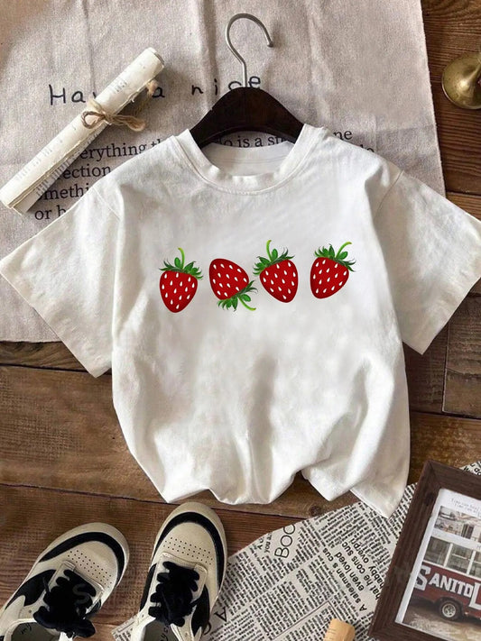 Women's Strawberry Print Round Neck Tee, Casual Short Sleeve Crew Neck T-shirt for Spring & Fall, Fashion Women's Top for Daily Wear