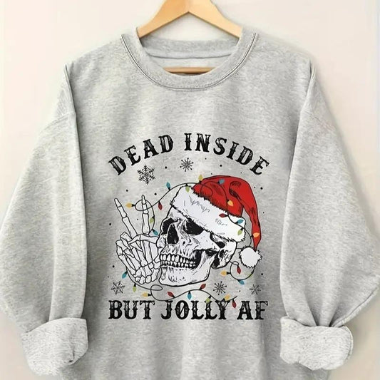 Womens Christmas Skull & Letter Print Long Sleeve Crew Neck Pullover Sweatshirt - Soft, Casual, and Cozy for Fall & Winter