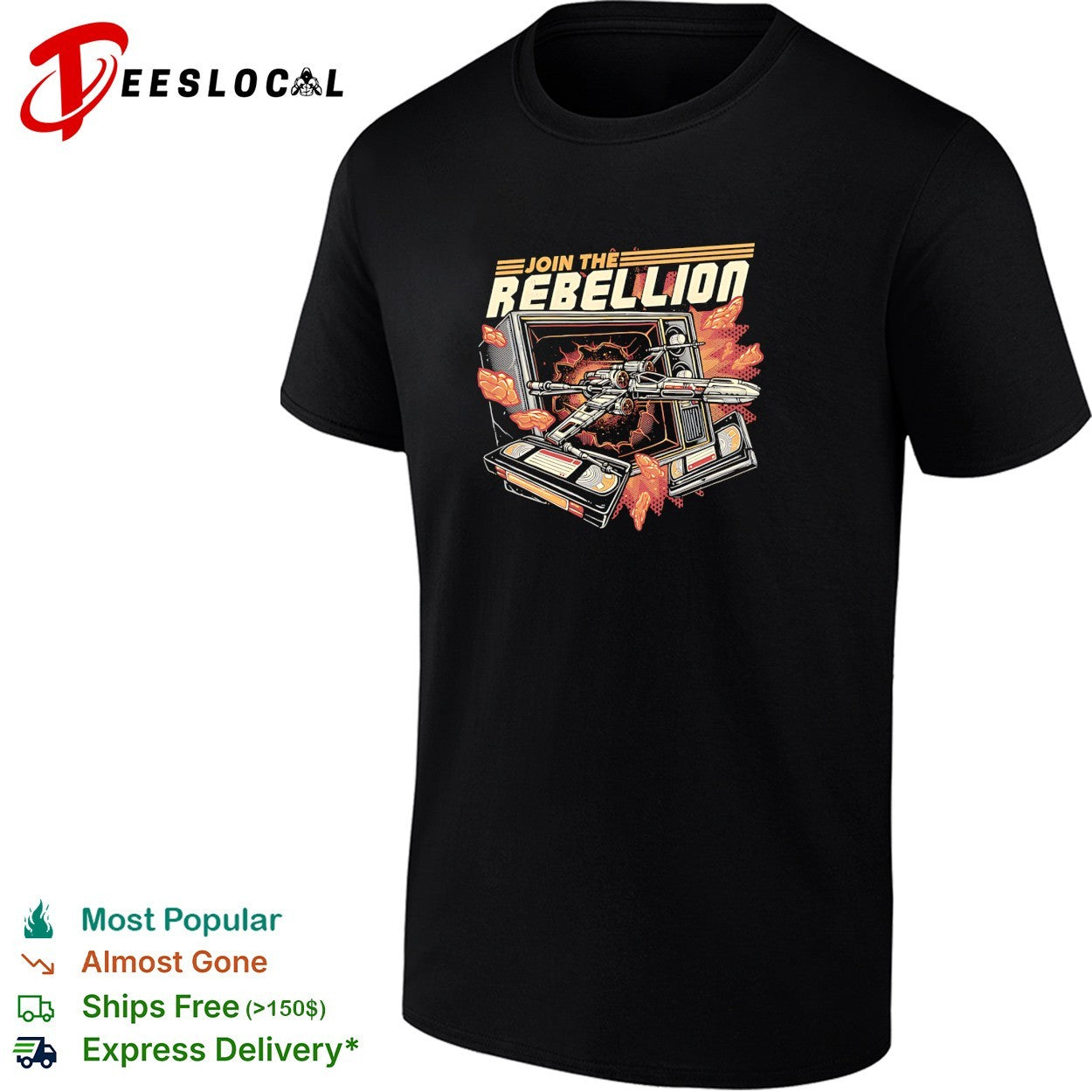 X wing fighter bursting through TV join the rebellion shirt