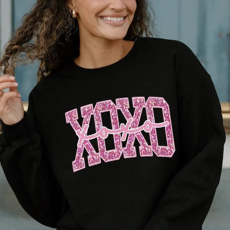 XOXO Valentine's Day Sequin Print Sweatshirt Pink Valentine's Sweater, Custom Valentines Day Gift for Girlfriend Faux Sequin