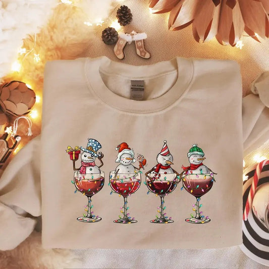 Xmas Wine Sweatshirt, Xmas Spirits Sweatshirt, Christmas Gift, W ine Lover Shirt, Snowmen Wine Shirt, Christmas Glasses Shirt
