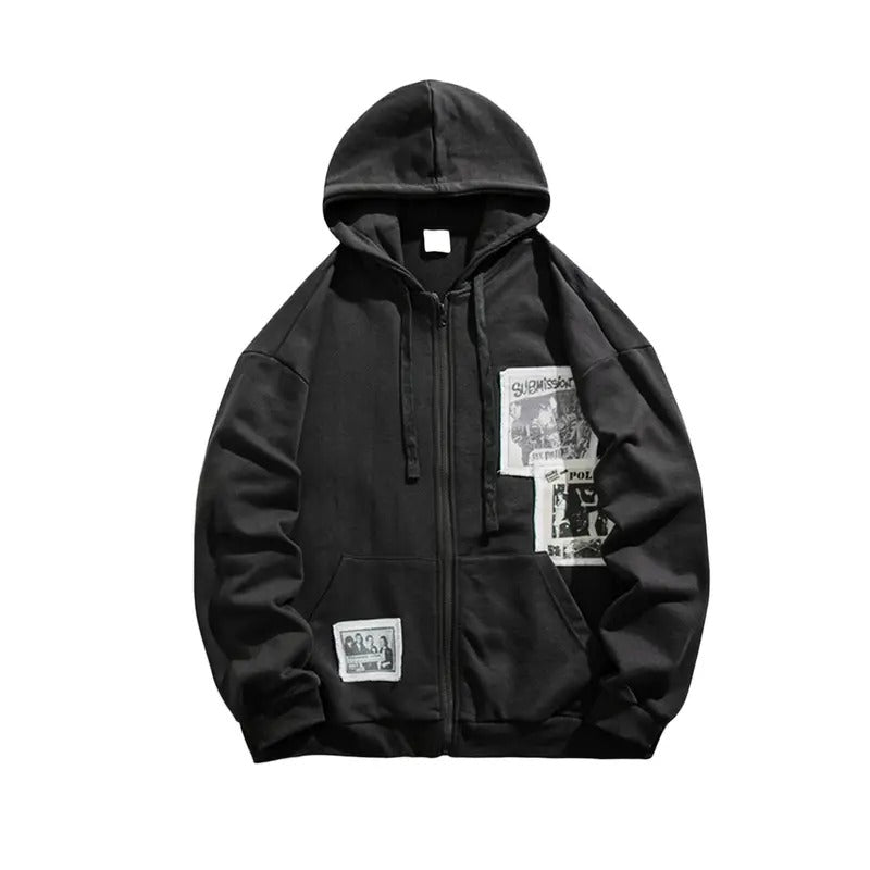 Y2K Graphic Print Zipper Hooded Sweatshirt Women Men Fleece Patchwork Zip Up Cropped Hoodies Sweatshirt Chic Casual Oversized Harajuku Jacket with Pockets