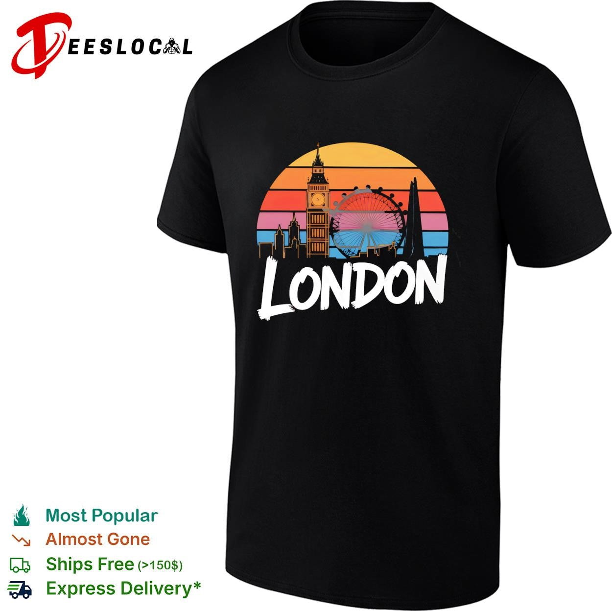 London skyline Big Ben and London Eye sunset retro color stripes graphic shirt