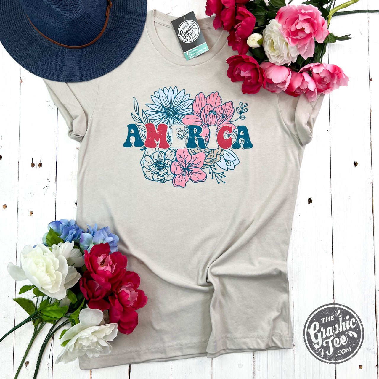 America Floral Heather Dust Short Sleeve Tee Shirt