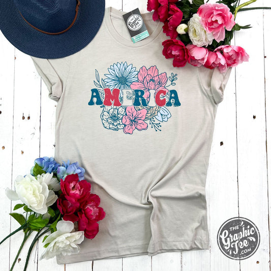 America Floral Heather Dust Short Sleeve Tee Shirt
