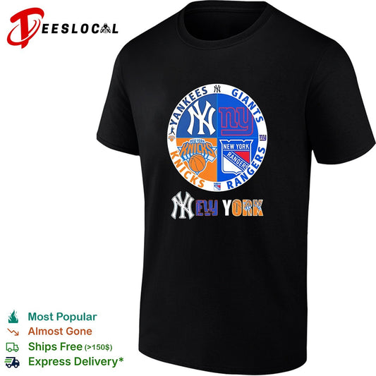 New York Yankees Giants Knicks Rangers four teams circle logo shirt