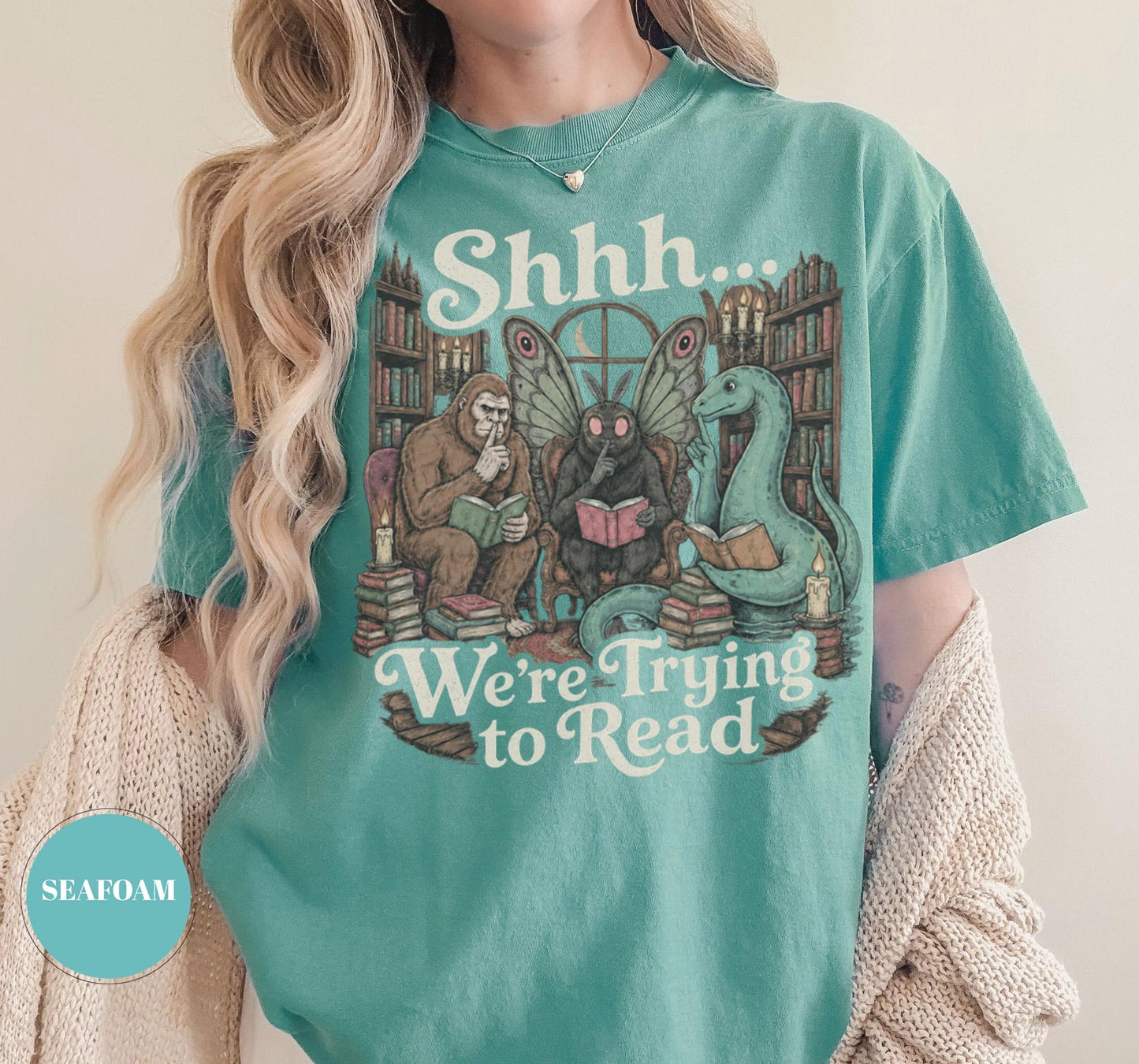 Shhh We'Re Trying Read Cryptid Bigfoot Mothman Nessie Bookish Tee Book Lover Dark Academia Reading Librarian (4)