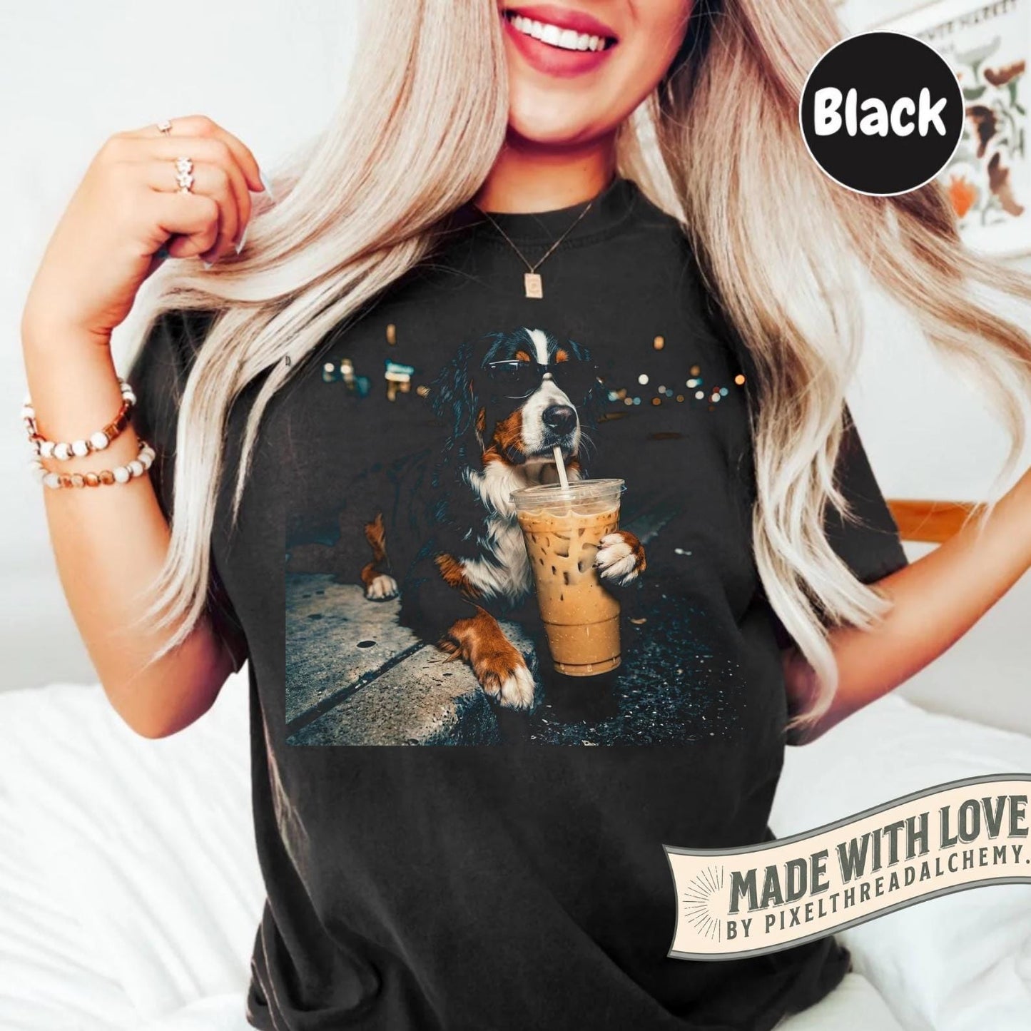 Bernese Mountain Dog Iced Coffee Dog Mom Art Tee Berner Lover Comfort Colors (2)