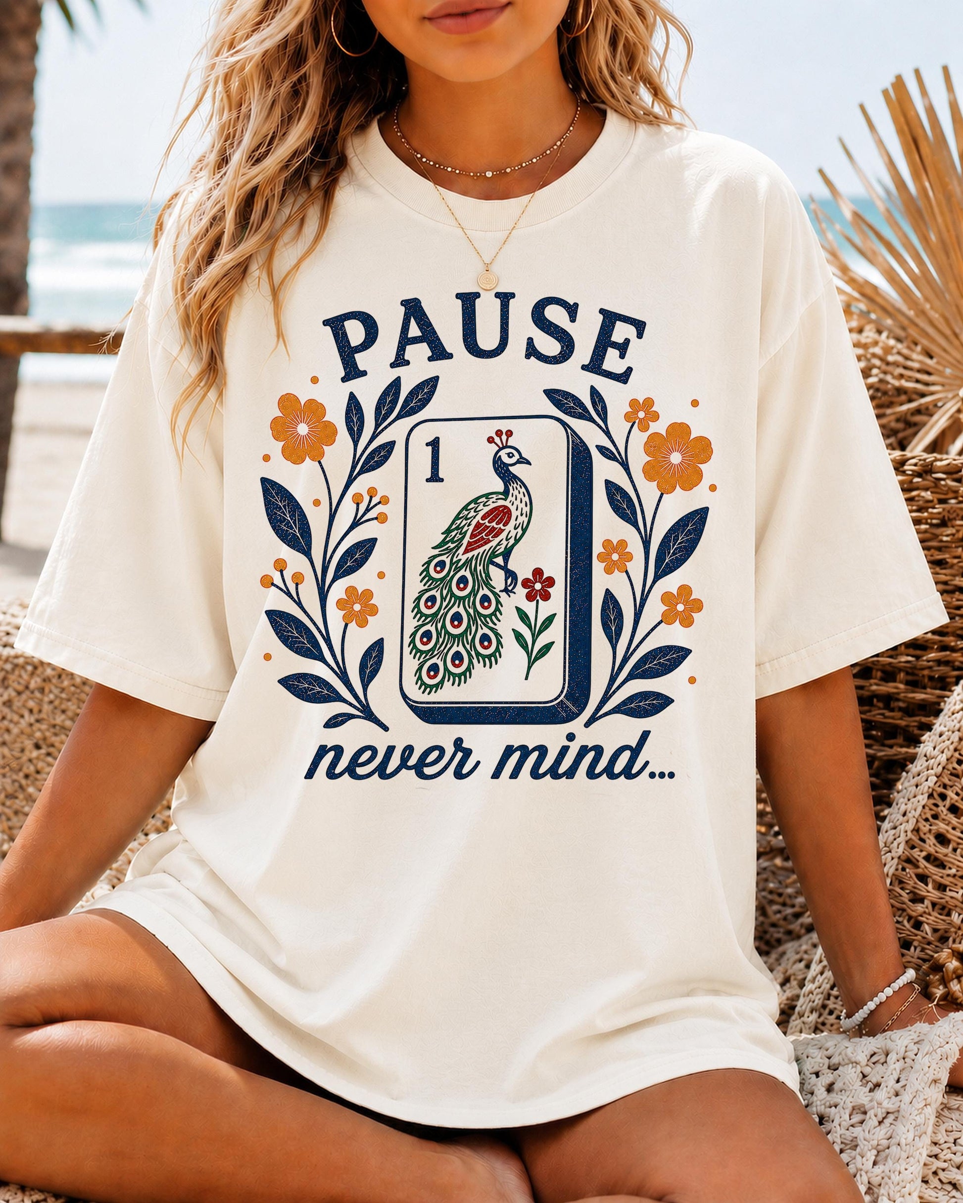Pause Nevermind Mahjong Peacock Mahjong Tee Comfort Colors Mahjong Player Retro Floral Mahj Yellow Blue (1)