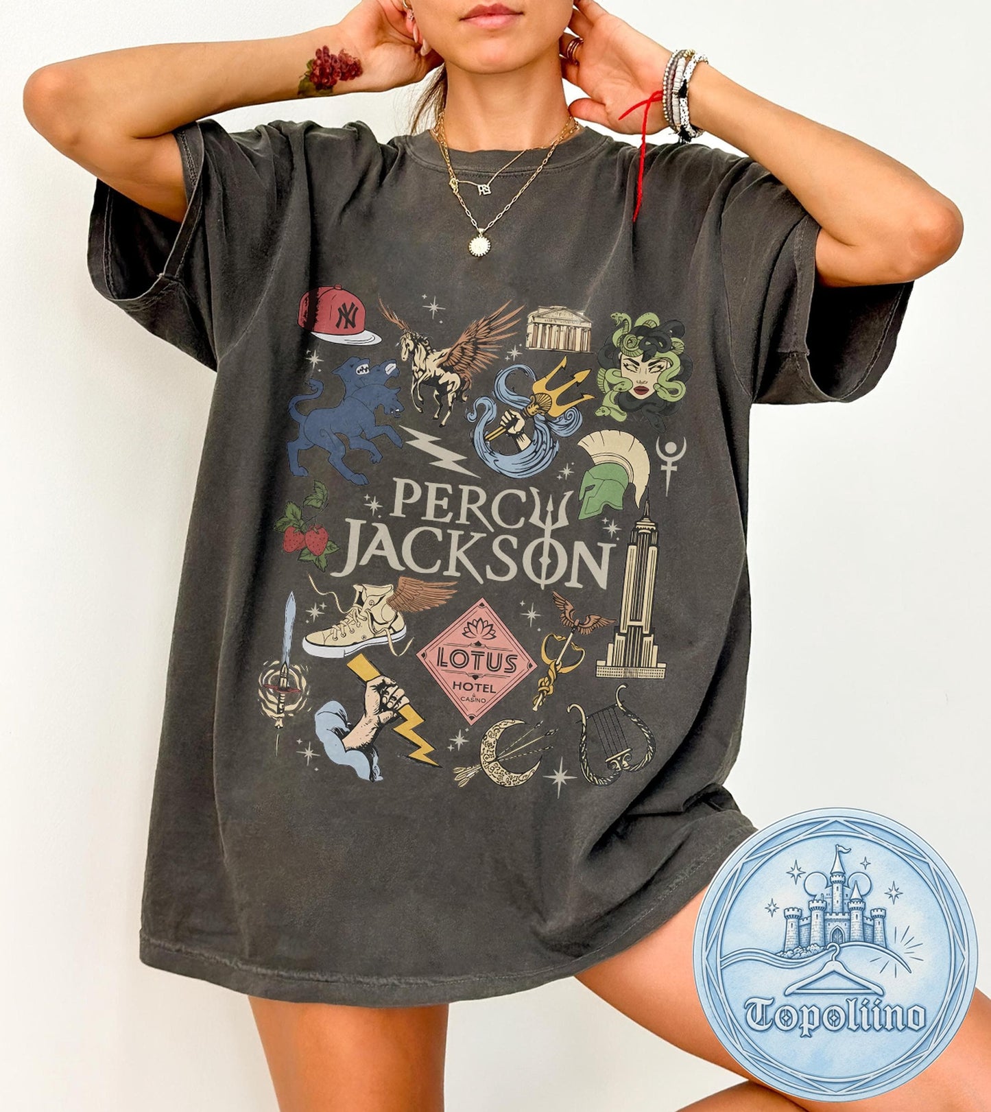 Percy Jackson Olympians Symbols Lotus Hotel Medusa Tee Camp Half Blood Greek Mythology Demigods Tee Bookish Reader (1)