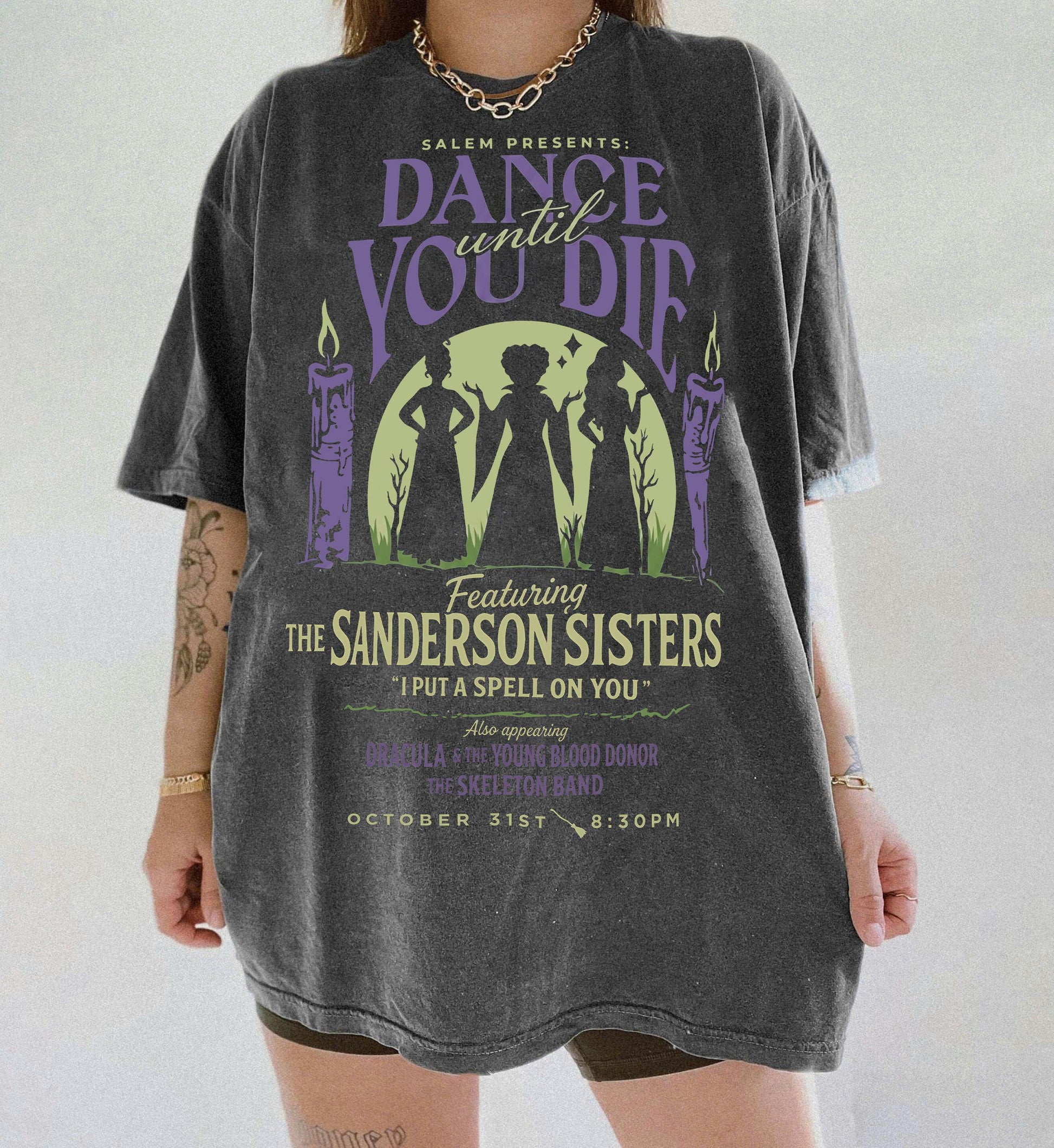 Vintage Dance Till Die Hocus Pocus Sanderson Sisters Halloween Tee Disney Sanderson Sisters Witches Tee Billy Butcherson Tee (1)