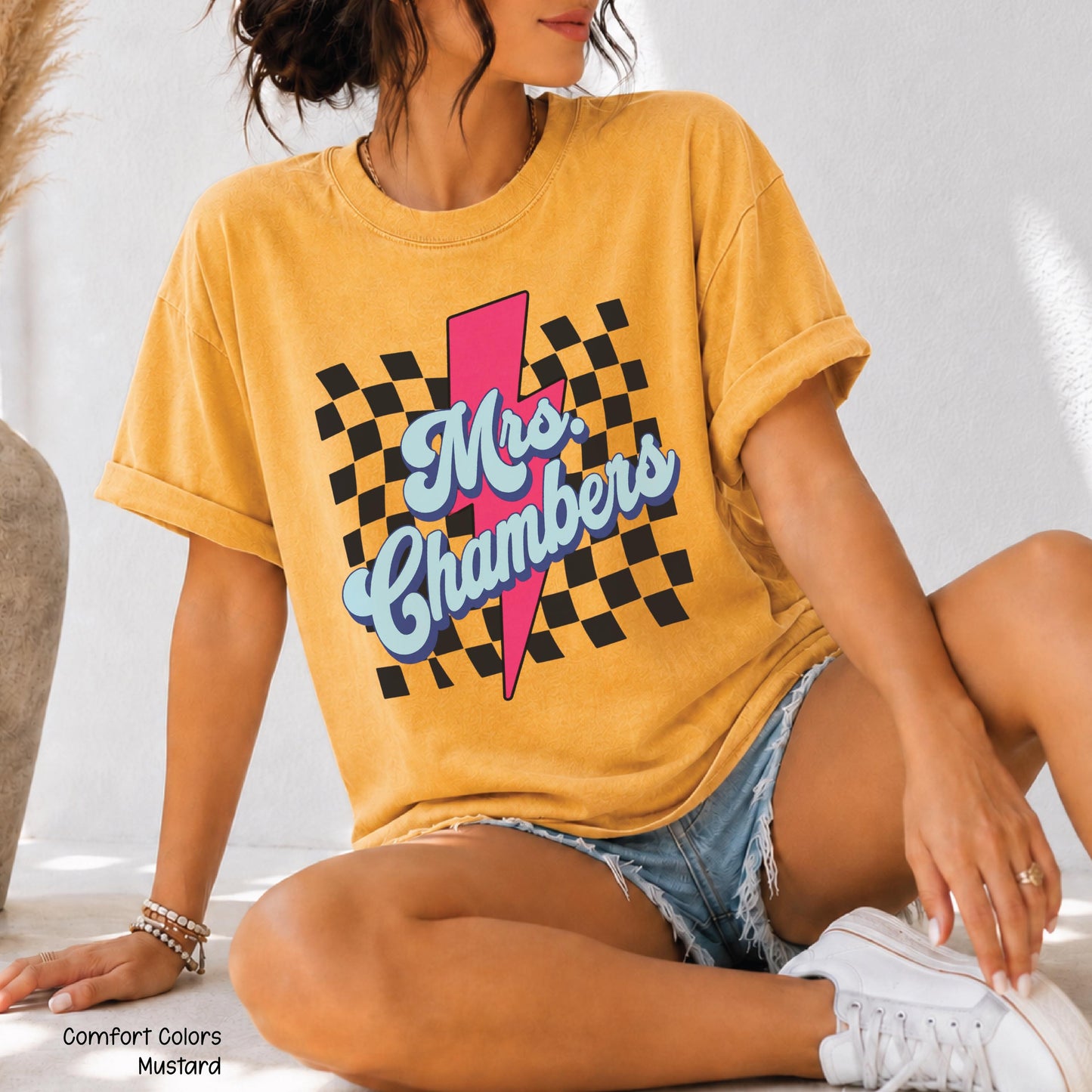 Teacher Custom Teacher Name Personalized Educator Retro Checkerboard Lightning Bolt Tee (2)