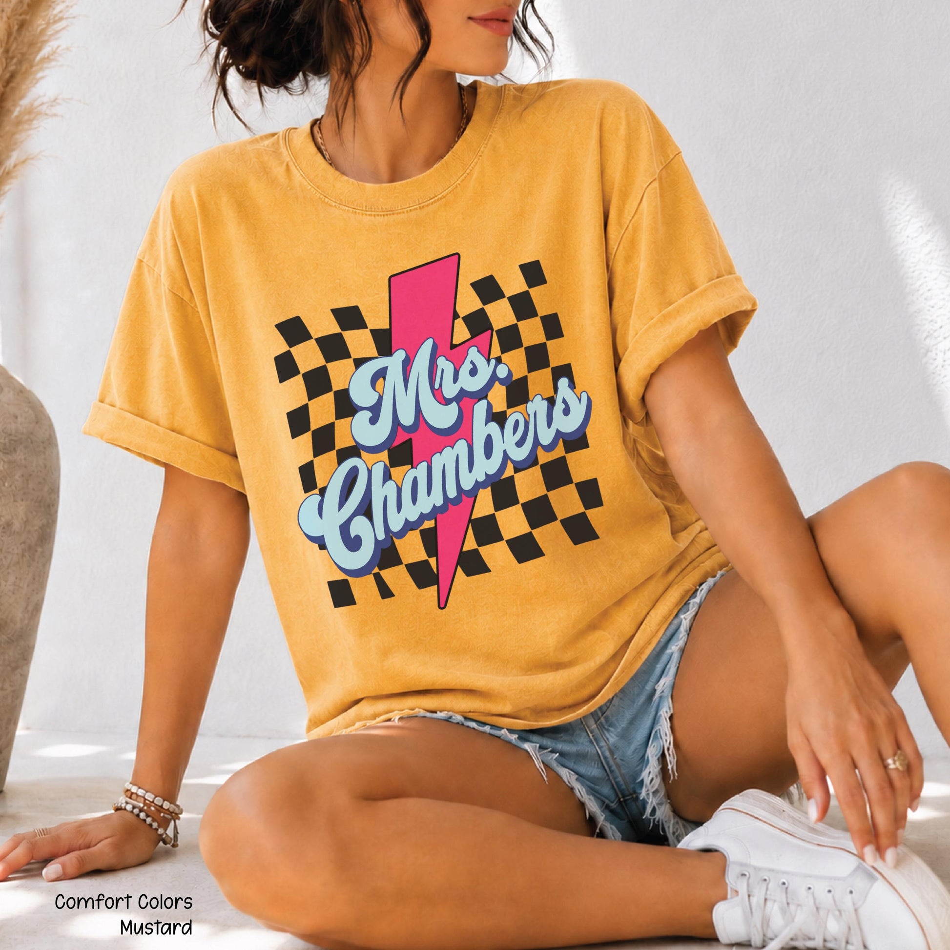 Teacher Custom Teacher Name Personalized Educator Retro Checkerboard Lightning Bolt Tee (2)