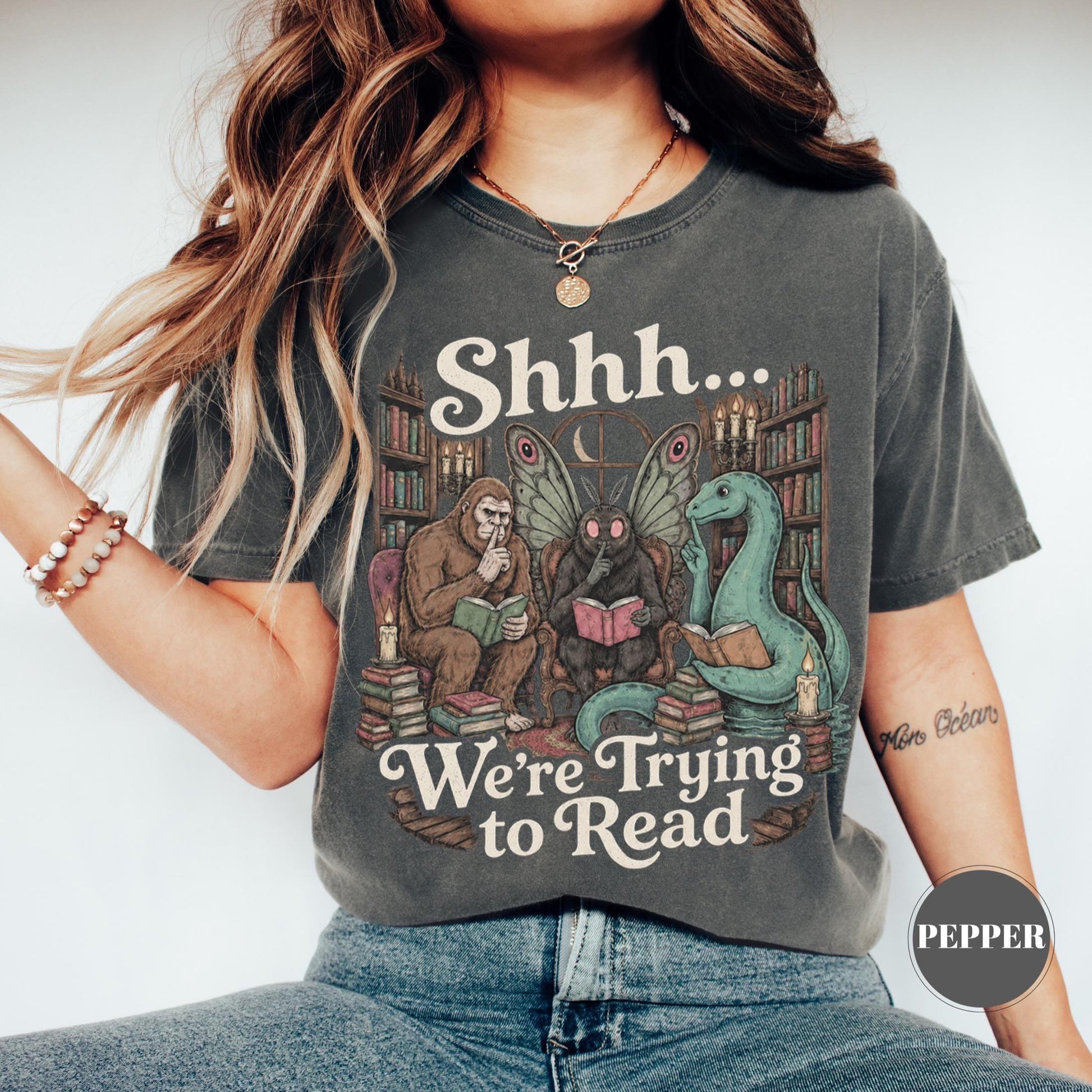 Shhh We'Re Trying Read Cryptid Bigfoot Mothman Nessie Bookish Tee Book Lover Dark Academia Reading Librarian (1)