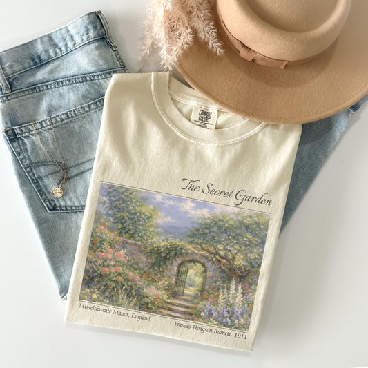 Secret Garden Comfort Colors Booklover Cottagecore Painting Light Academia Bookish Literary Merch Floral Art Tee (1)