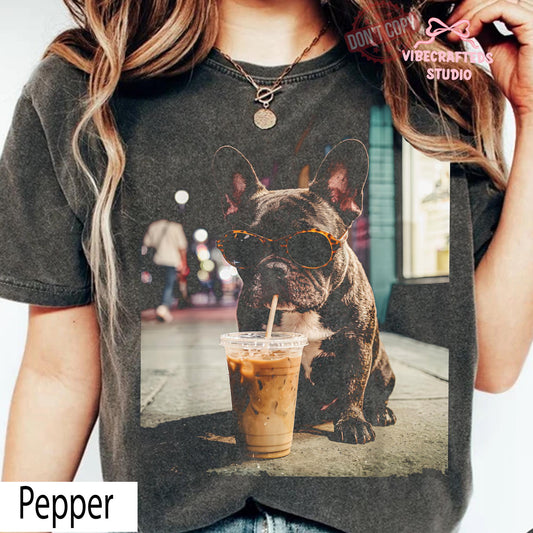 French Bulldog Iced Coffee Dog Coffee Lover Tee Grunge Frenchie Dog Tee Comfort Colors (1)