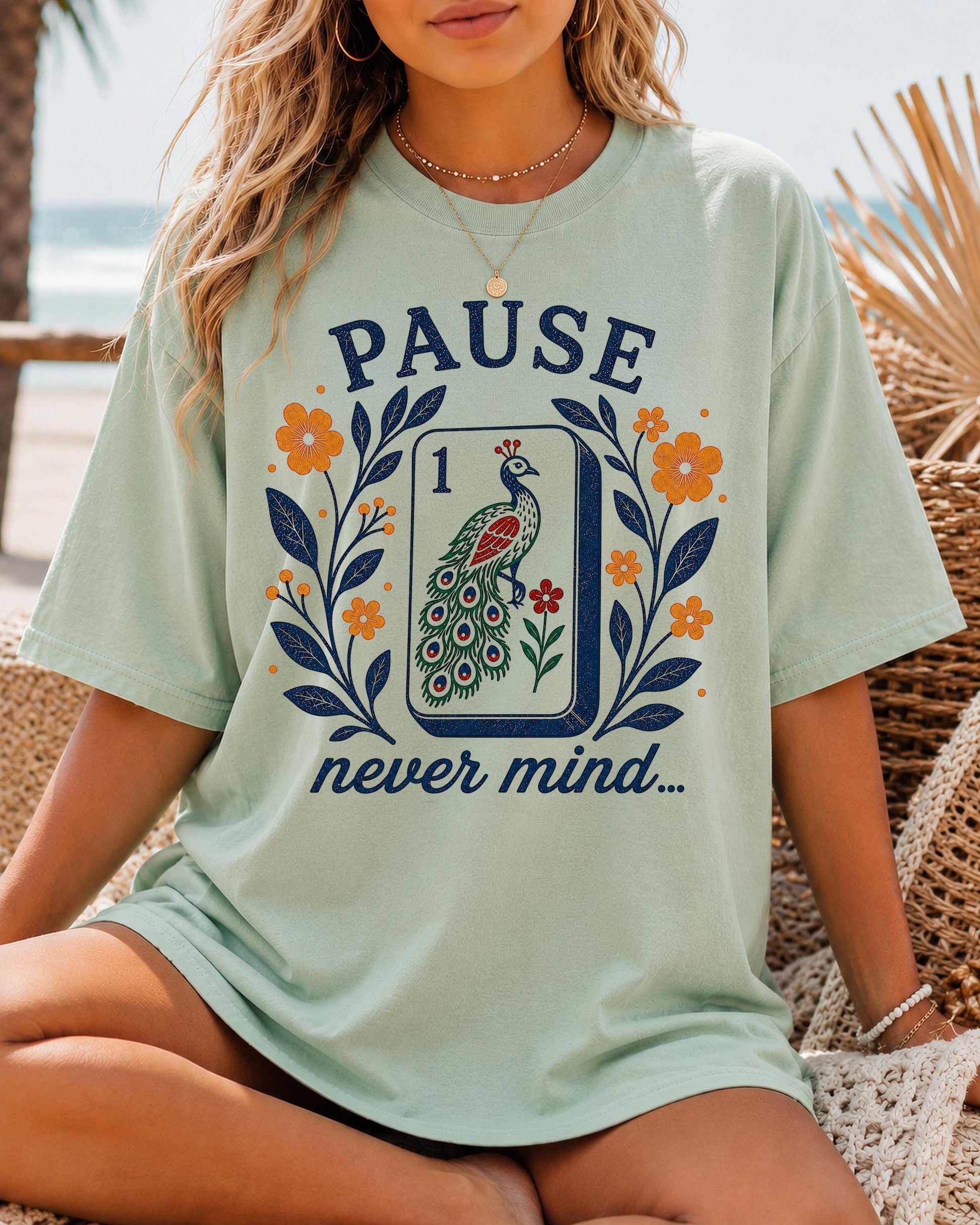 Pause Nevermind Mahjong Peacock Mahjong Tee Comfort Colors Mahjong Player Retro Floral Mahj Yellow Blue (4)