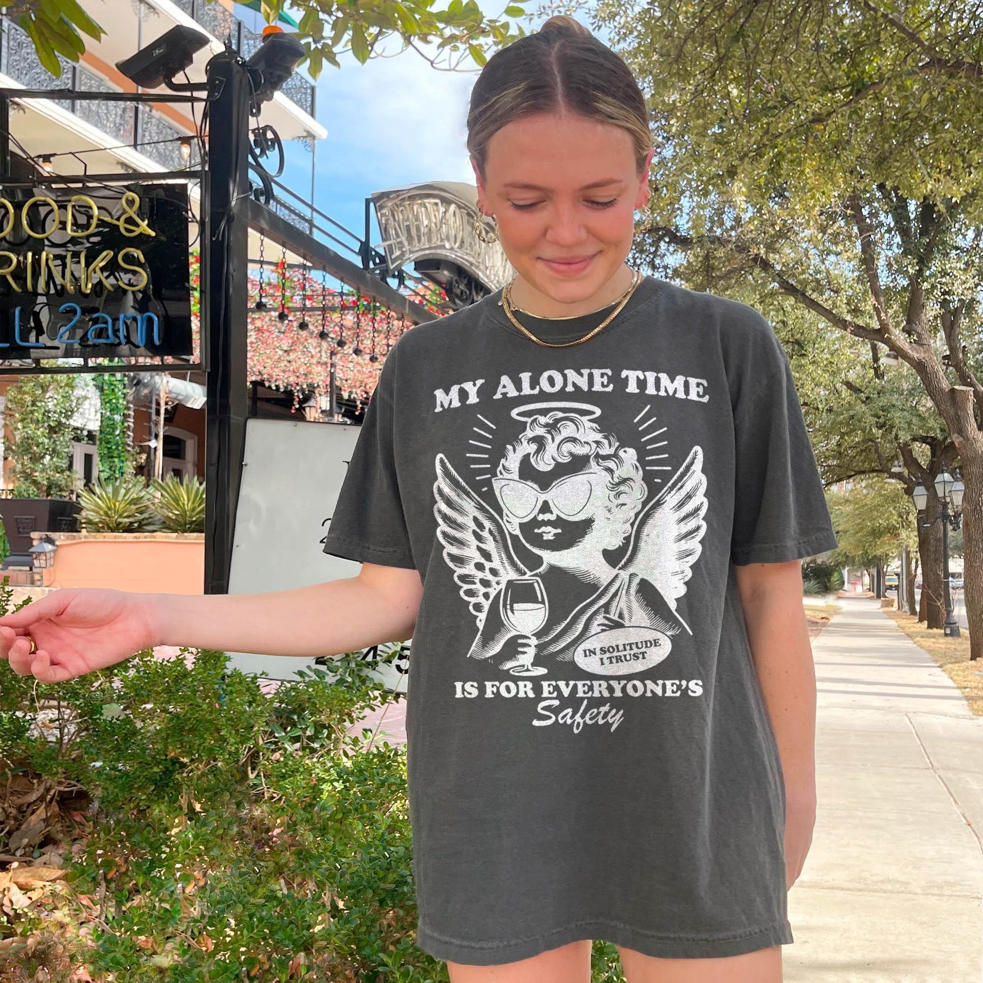 Retro Cherub Alone Time Safety Tee Sarcastic Introvert Tee Wine Lover Angel 90s (2)