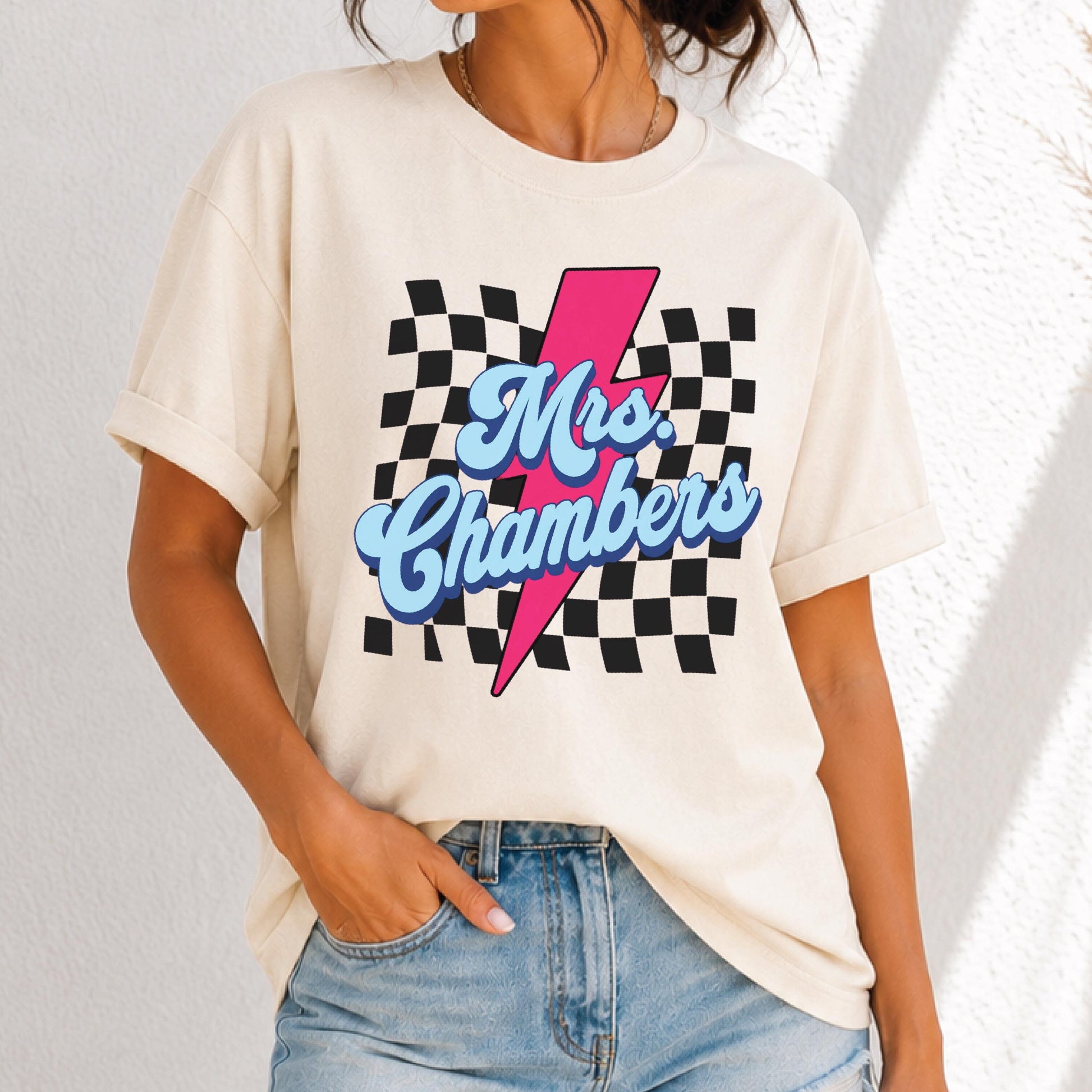 Teacher Custom Teacher Name Personalized Educator Retro Checkerboard Lightning Bolt Tee (1)