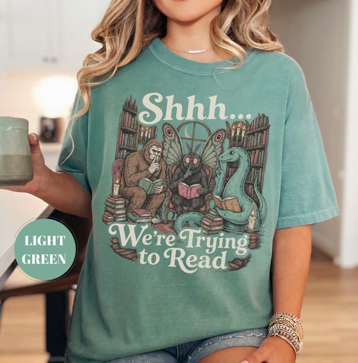 Shhh We'Re Trying Read Cryptid Bigfoot Mothman Nessie Bookish Tee Book Lover Dark Academia Reading Librarian (2)