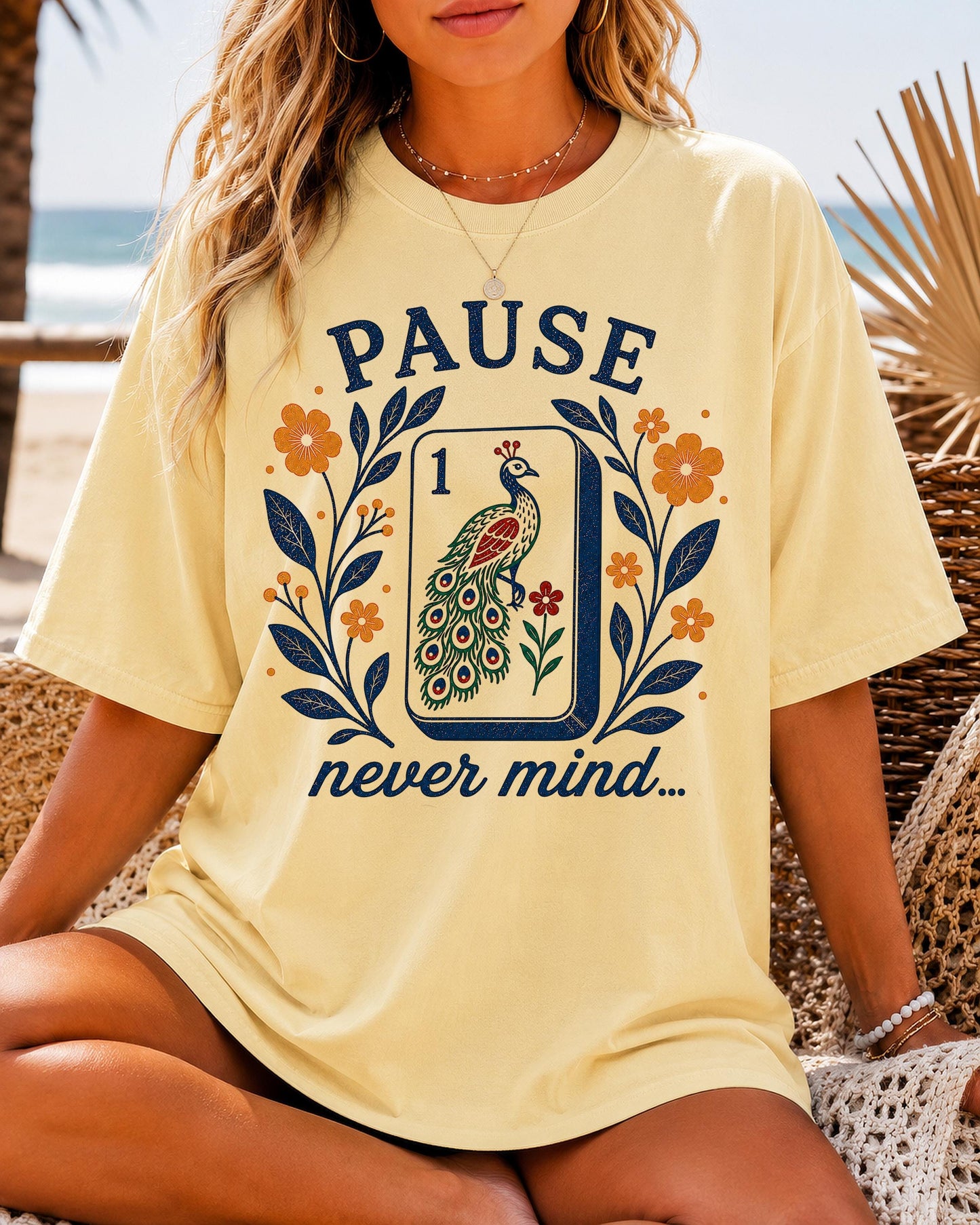 Pause Nevermind Mahjong Peacock Mahjong Tee Comfort Colors Mahjong Player Retro Floral Mahj Yellow Blue (3)