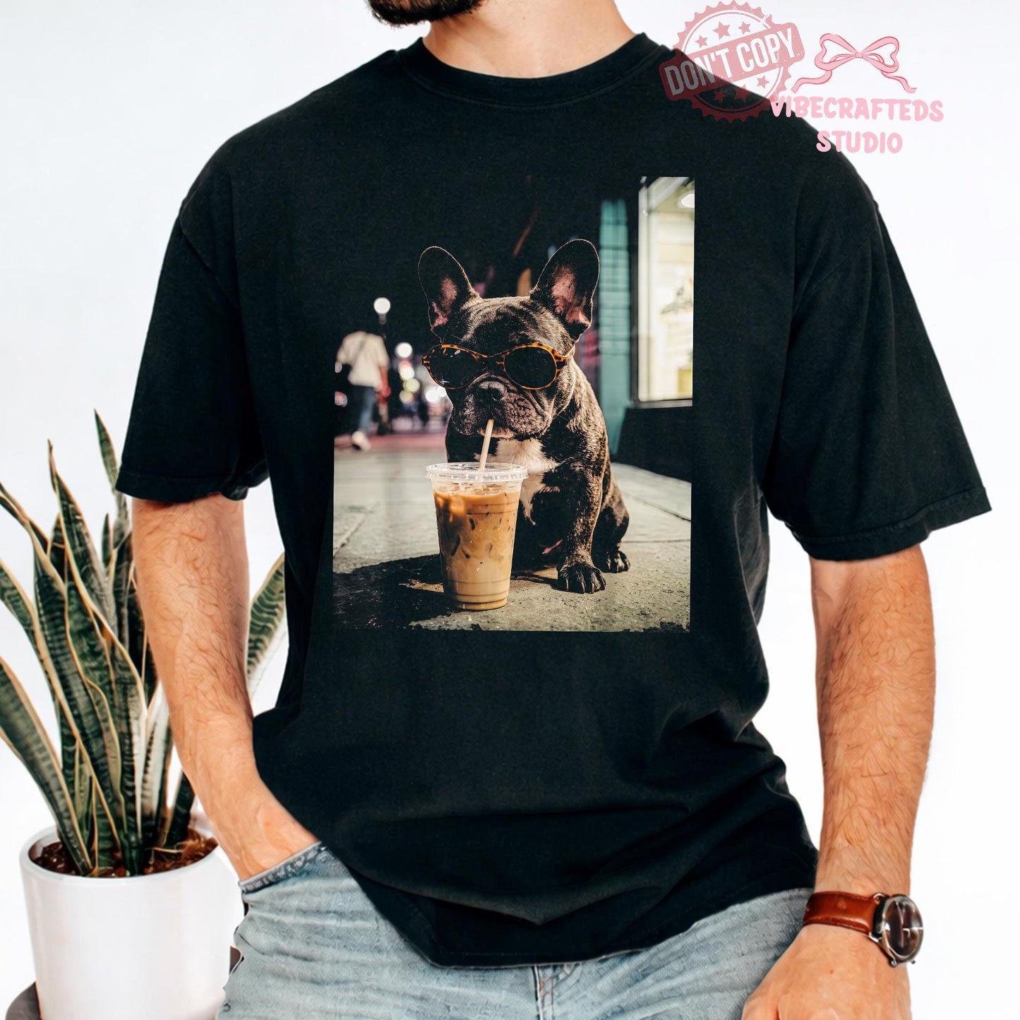French Bulldog Iced Coffee Dog Coffee Lover Tee Grunge Frenchie Dog Tee Comfort Colors (3)