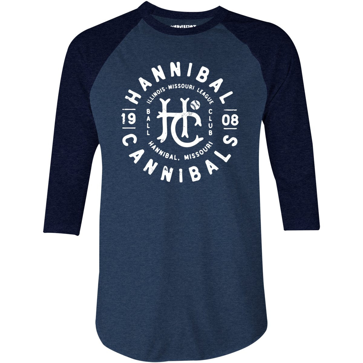 Hannibal Cannibals - Missouri - Vintage Defunct Baseball Teams - 3/4 Sleeve Raglan T-Shirt