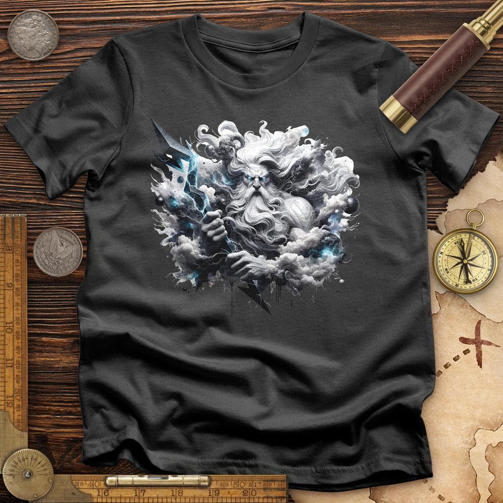 A Powerful Zeus Holding a Lightning Bolt T-Shirt