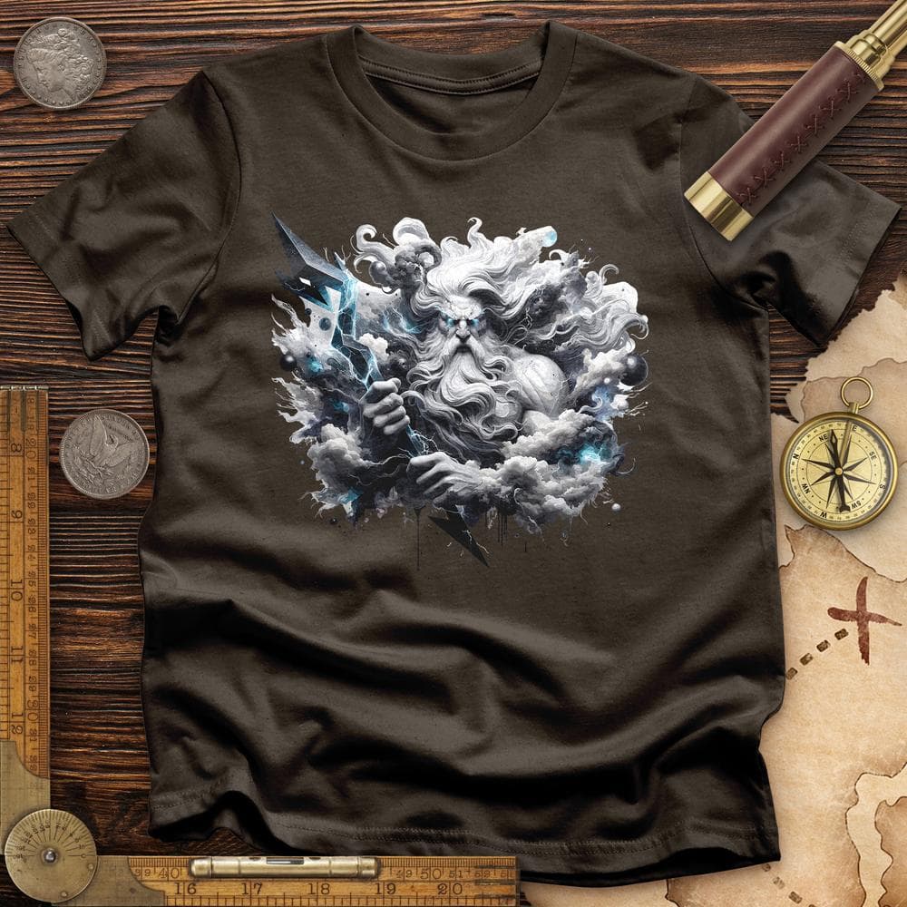 A Powerful Zeus Holding a Lightning Bolt T-Shirt