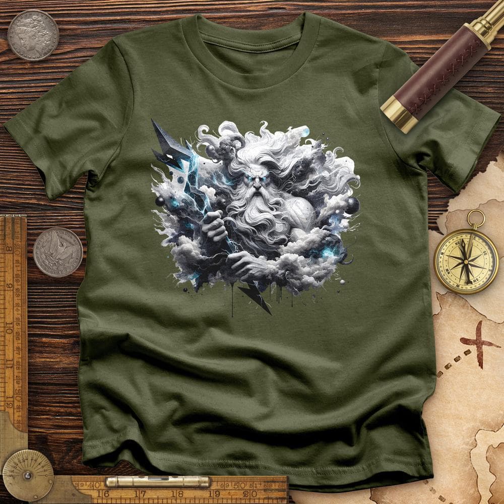 A Powerful Zeus Holding a Lightning Bolt T-Shirt